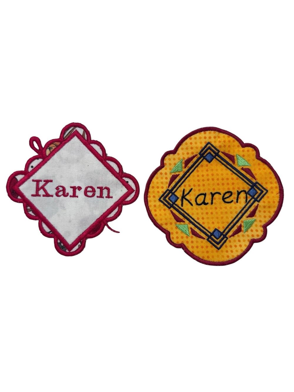 Handmade Fabric Nametags (2) Karen Sewing Patches Retro Vintage Quilted